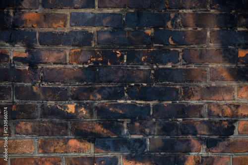 Принти на полотні Brick wall with soot marks after a fire A close-up of a brick wall covered in soot after a fire highlighting the damage and destruction caused by the flames creating a dramatic and textured backdrop