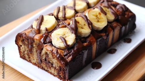 Chocolate Banana Bread Babka Delicious chocolate banana bread with drizzled chocolate topping on white plate photo