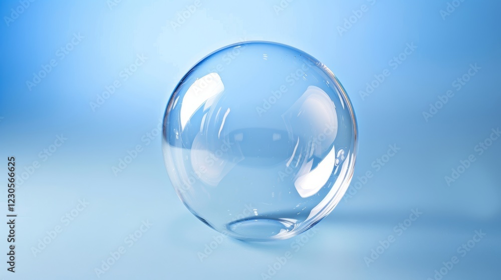 A single transparent soap bubble floating against a soft blue background, reflecting light and creating a delicate, ethereal effect.. A single transparent soap bubble floating against a soft blue background, reflecting light and creating a delicate, ethereal effect..