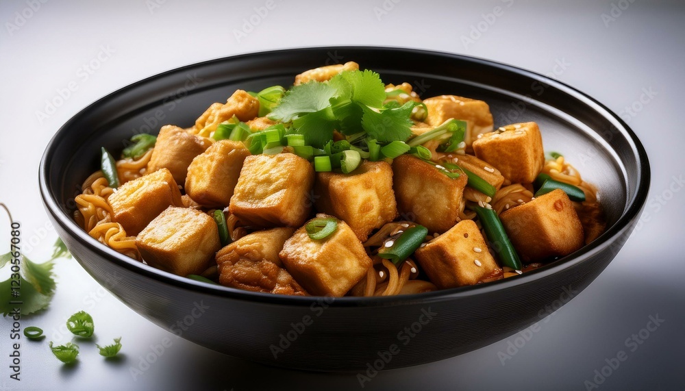 photorealistic side view of tahu goreng in a bowl with garnishes and seasonings high quality image photorealistic side view of tahu goreng in a bowl with garnishes and seasonings high quality image