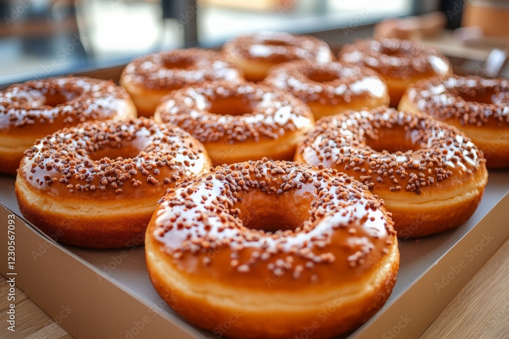 Freshly baked donuts with chocolate sprinkles displayed on a tray in a cozy bakery setting Freshly baked donuts with chocolate sprinkles displayed on a tray in a cozy bakery setting