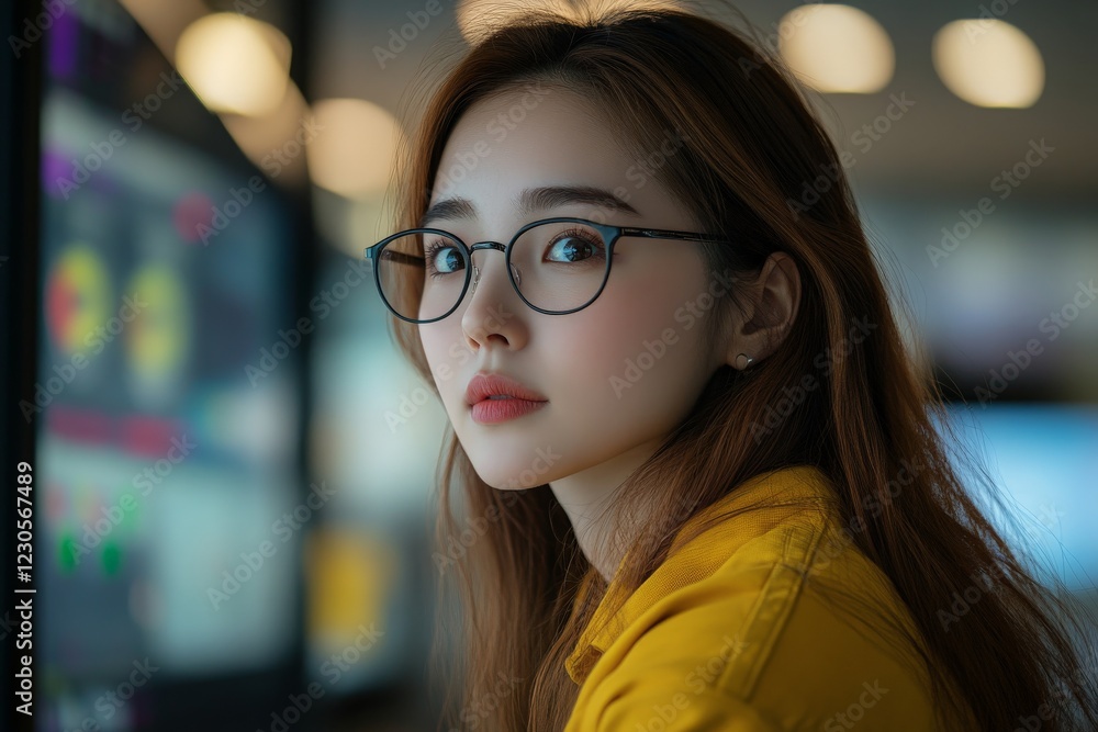 Young woman wearing glasses focuses intently on computer screen in modern workspace during evening hours Young woman wearing glasses focuses intently on computer screen in modern workspace during evening hours
