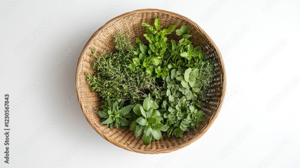 Fresh herbs in basket, white background, cooking (1) Fresh herbs in basket, white background, cooking (1)