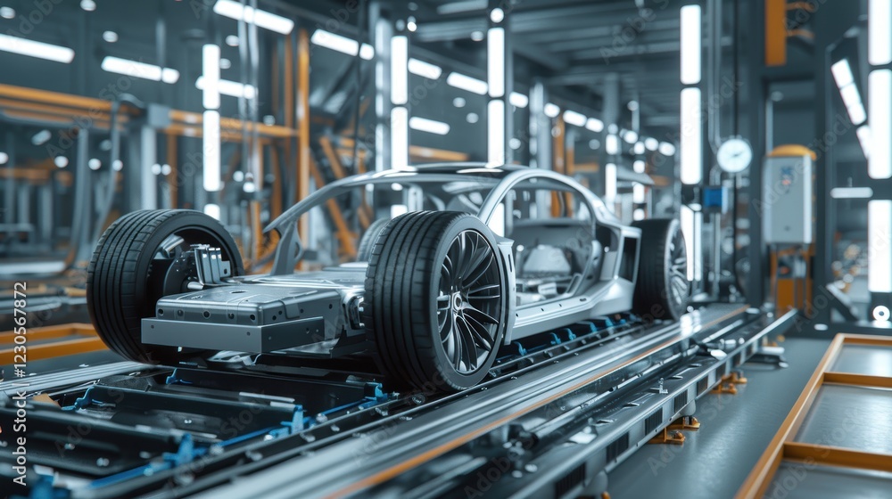Futuristic Electric Vehicle Manufacturing with Advanced Machinery and Conveyor Systems Futuristic Electric Vehicle Manufacturing with Advanced Machinery and Conveyor Systems