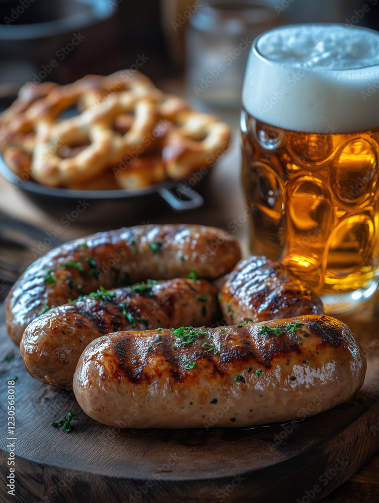 Enjoying a hearty Bavarian breakfast with veal sausage and wheat beer Enjoying a hearty Bavarian breakfast with veal sausage and wheat beer