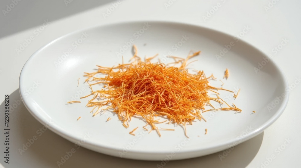 Fototapeta premium Delicate Arrangement of Dried Saffron on White Ceramic Plate