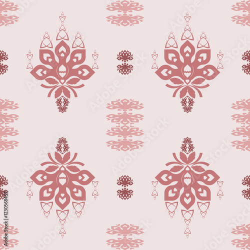 Fusion of tradition and modernity, this seamless ethnic pattern features decorative floral motifs, folk embroidery, and ornamental paisley, set in pastel pink for an elegant aesthetic.