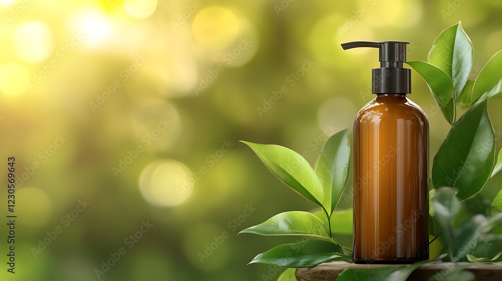 Brown bottle with pump and green leaves on bokeh Brown bottle with pump and green leaves on bokeh