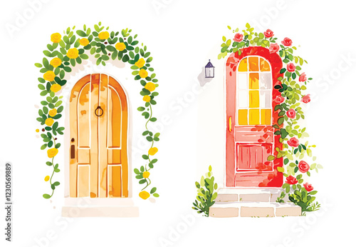 Watercolor spring wooden door entwined with flowers. Cute image suitable for cards, invitations, weddings, fabric making cozy door with flowers on white background