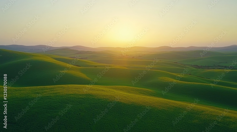 Fototapeta premium Breathtaking Green Hills at Sunrise with Serene Landscape