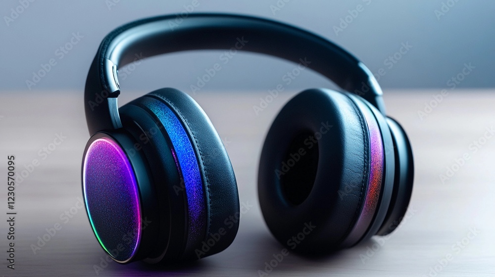 High-quality wireless headphones with vibrant lighting effects on a wooden surface indoors High-quality wireless headphones with vibrant lighting effects on a wooden surface indoors