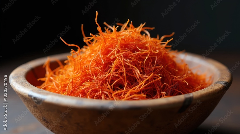 Fototapeta premium Close-up of Dried Saffron Threads in a Wooden Bowl