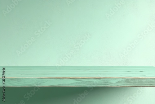 A minimalist aesthetic featuring a clean teal background and a wooden shelf, perfect for showcasing products or artworks in a stylish way. photo