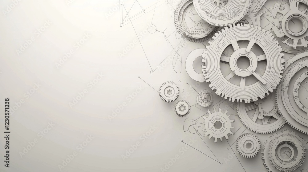 Intricate arrangement of gears and cogs in a mechanical design showcasing creativity and engineering on a light backdrop. Generative AI