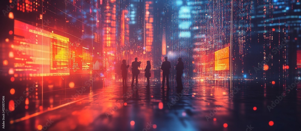 Fototapeta premium Futuristic cityscape with silhouettes of people amidst glowing data streams and digital displays