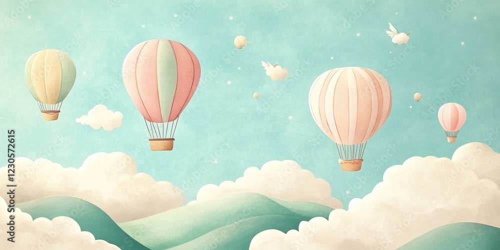 Obraz premium Pastel Hot Air Balloons Soaring Over Gentle Hills