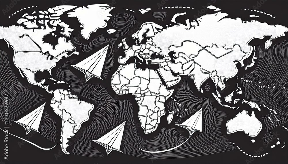 Obraz premium beautiful world map with paper planes and trace lines; travel, geography, navigation, exploration concept
