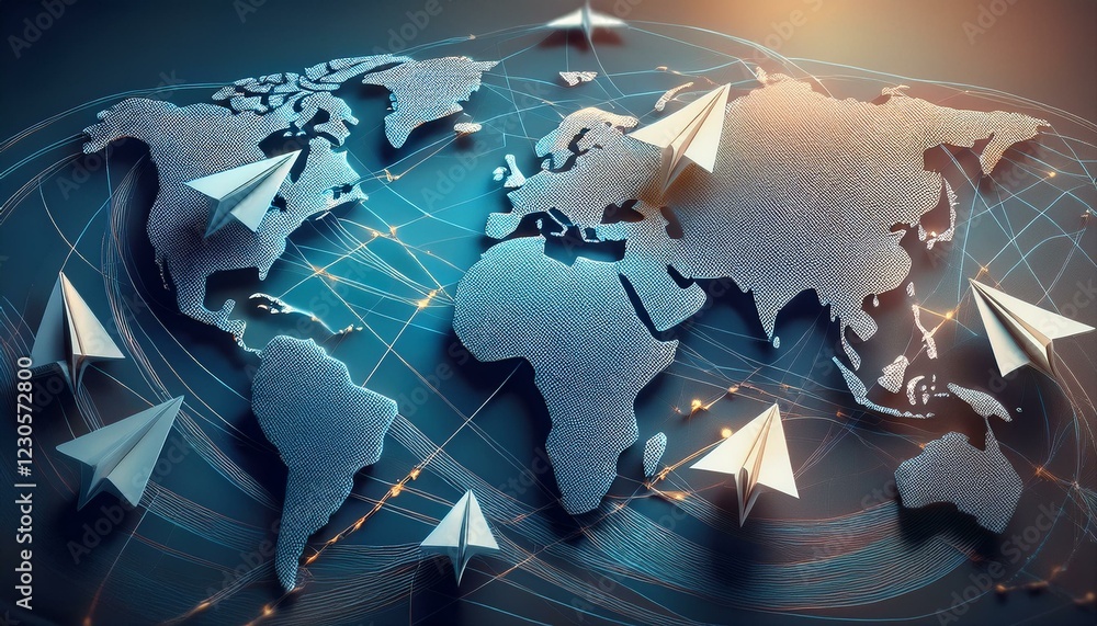 Naklejka premium beautiful world map with paper planes and trace lines; travel, geography, navigation, exploration concept