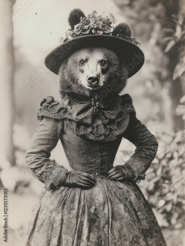 A majestic bear adorned in an elegant vintage gown and hat stands confidently, merging the beauty of nature with a sophisticated human touch in this captivating artistic portrayal. photo