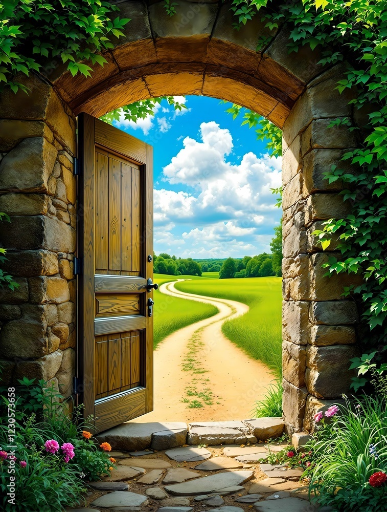An old stone archway with a wooden door opens to a winding dirt path stretching through a vast, sunlit green field under a bright blue sky.