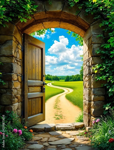 Obraz na płótnie An old stone archway with a wooden door opens to a winding dirt path stretching through a vast, sunlit green field under a bright blue sky. w salonie
