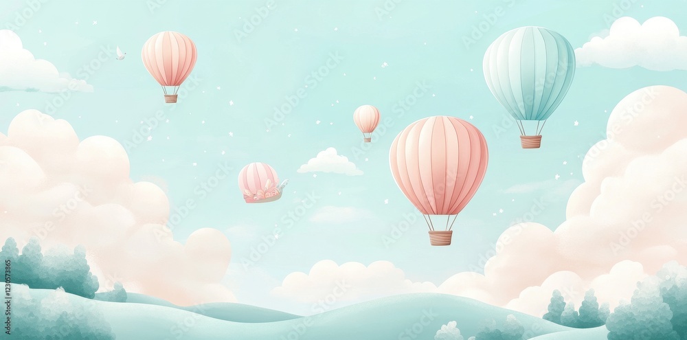 Obraz premium Pastel Hot Air Balloons Drifting Over Gentle Hills