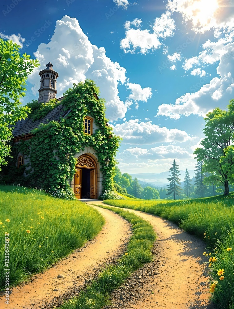 A charming ivy-covered stone house with an arched wooden door sits beside a winding dirt path, surrounded by lush greenery under a bright blue sky with fluffy clouds.
