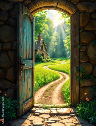 A wooden door covered in ivy opens to a lush green landscape with a winding dirt path leading into the sunlit hills.