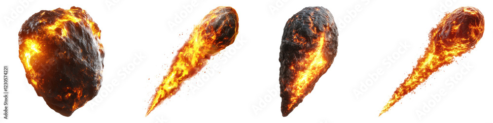 Flaming meteor with glowing isolated on transparent background, PNG, set of Flaming meteor with glowing isolated on transparent background, PNG, set of