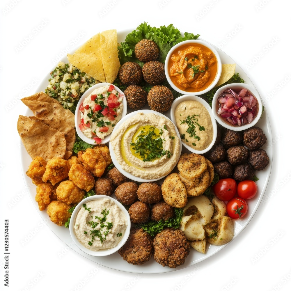 A platter of assorted Middle Eastern mezze with hummus and falafel, isolated white background, hyperrealism art style A platter of assorted Middle Eastern mezze with hummus and falafel, isolated white background, hyperrealism art style
