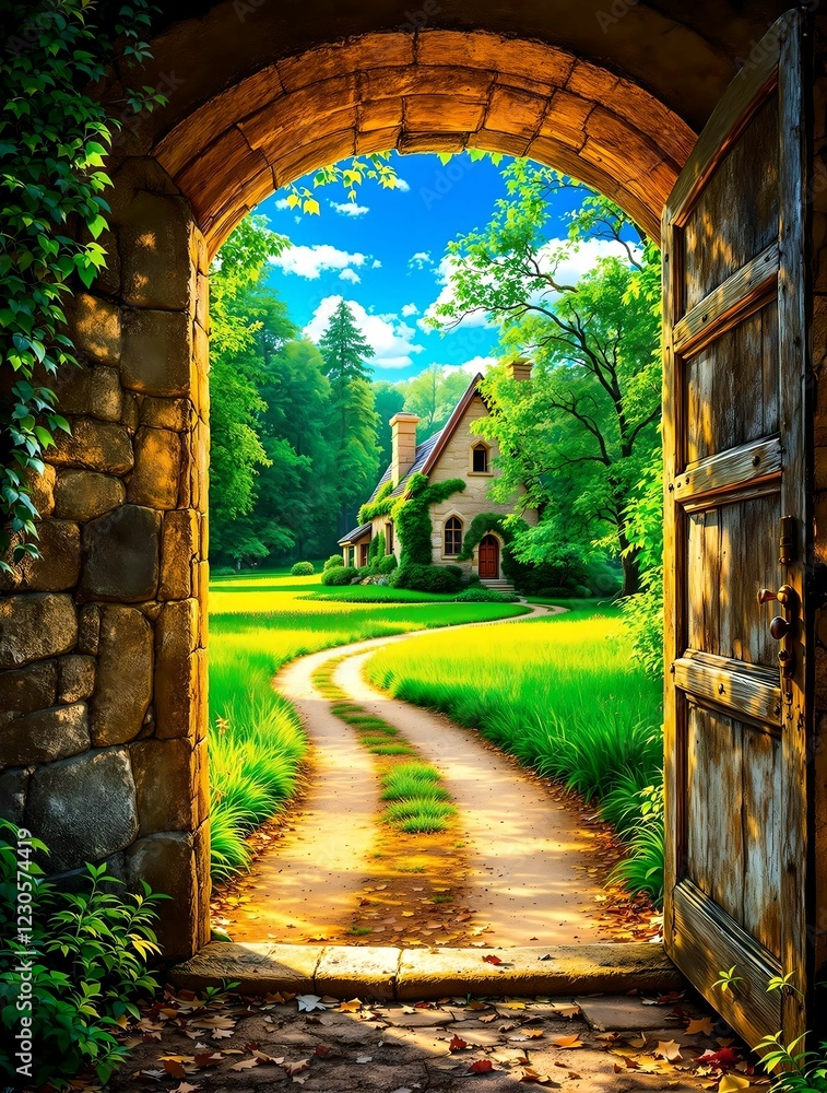 An enchanting arched doorway covered in ivy opens to a sunlit garden path leading to a charming stone cottage surrounded by lush greenery and colorful flowers.