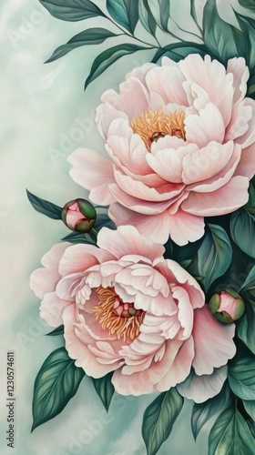 Wallpaper Mural Pink peony flower, pink peony flower, pink peony flower, floral painting, botanical art, nature illustration, watercolor bloom, delicate petals, elegant blossom Torontodigital.ca