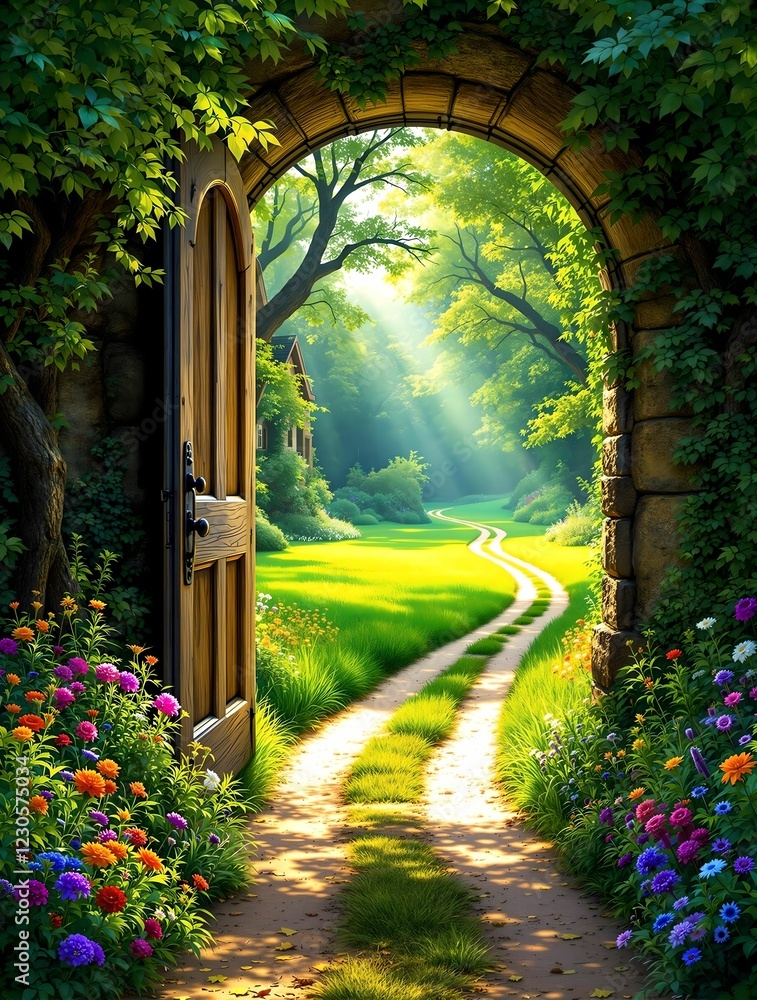 A wooden door covered in ivy opens to a lush green landscape with a winding dirt path leading into the sunlit hills.