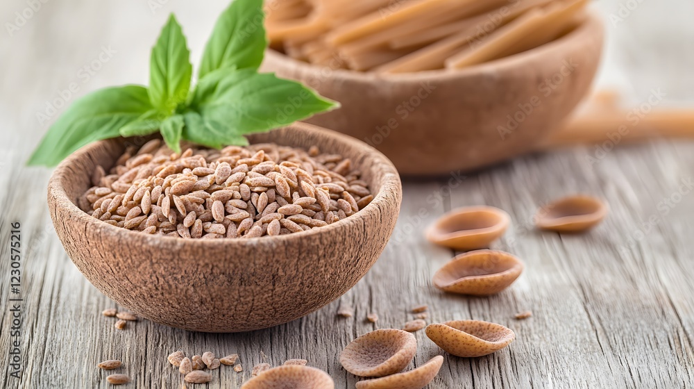 Wooden Bowl of Whole Wheat Pasta and Grains with Basil