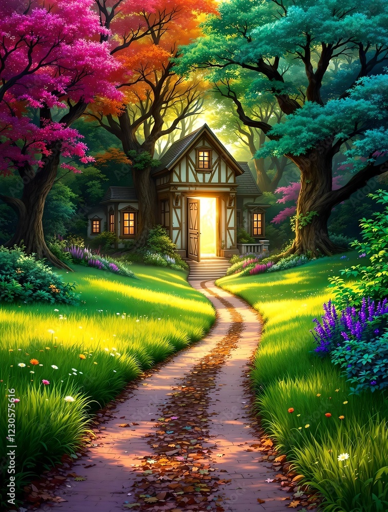 A picturesque rural landscape featuring a winding dirt path leading to a charming stone house under a vibrant blue sky with fluffy white clouds.