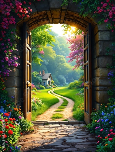 Obraz na płótnie A wooden door covered in ivy opens to a lush green landscape with a winding dirt path leading into the sunlit hills. w salonie