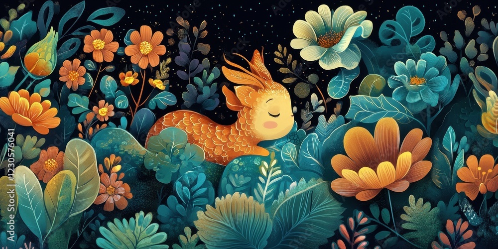 Fototapeta premium Golden Fish Dreams Amidst Vibrant Floral Paradise