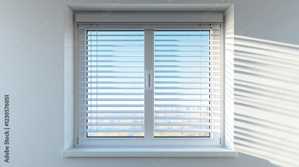 Plastic window with blinds, isolated on a white background for a clean and functional aesthetic Plastic window with blinds, isolated on a white background for a clean and functional aesthetic