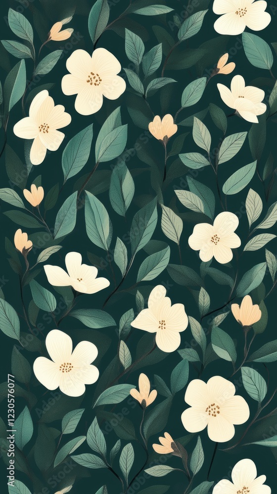 Dark Green Floral Pattern with Cream Flowers Dark Green Floral Pattern with Cream Flowers