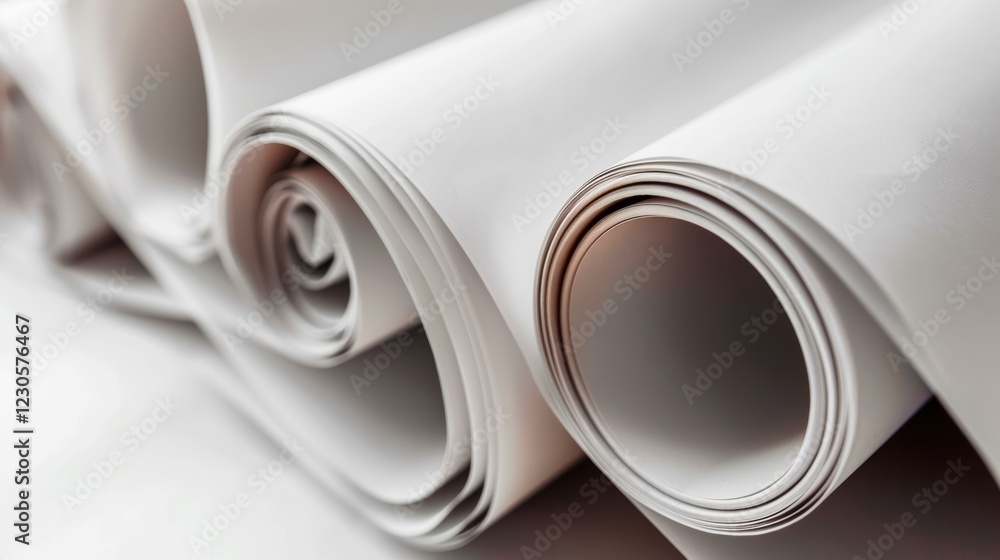 Close-up view of neatly rolled white paper sheets, showcasing their smooth texture and spiral edges.. Close-up view of neatly rolled white paper sheets, showcasing their smooth texture and spiral edges..
