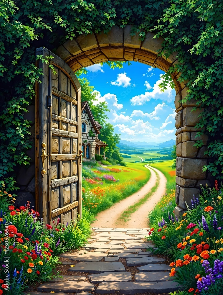 An enchanting arched doorway covered in ivy opens to a sunlit garden path leading to a charming stone cottage surrounded by lush greenery and colorful flowers.
