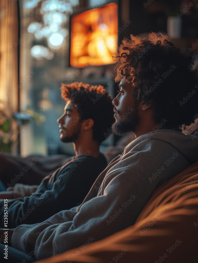 Friends enjoying a cozy evening on the couch while watching their favorite show Friends enjoying a cozy evening on the couch while watching their favorite show