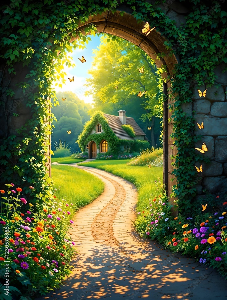 An old stone archway with a wooden door opens to a winding dirt path stretching through a vast, sunlit green field under a bright blue sky.