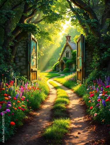 Obraz na płótnie A wooden door covered in ivy opens to a lush green landscape with a winding dirt path leading into the sunlit hills. w salonie
