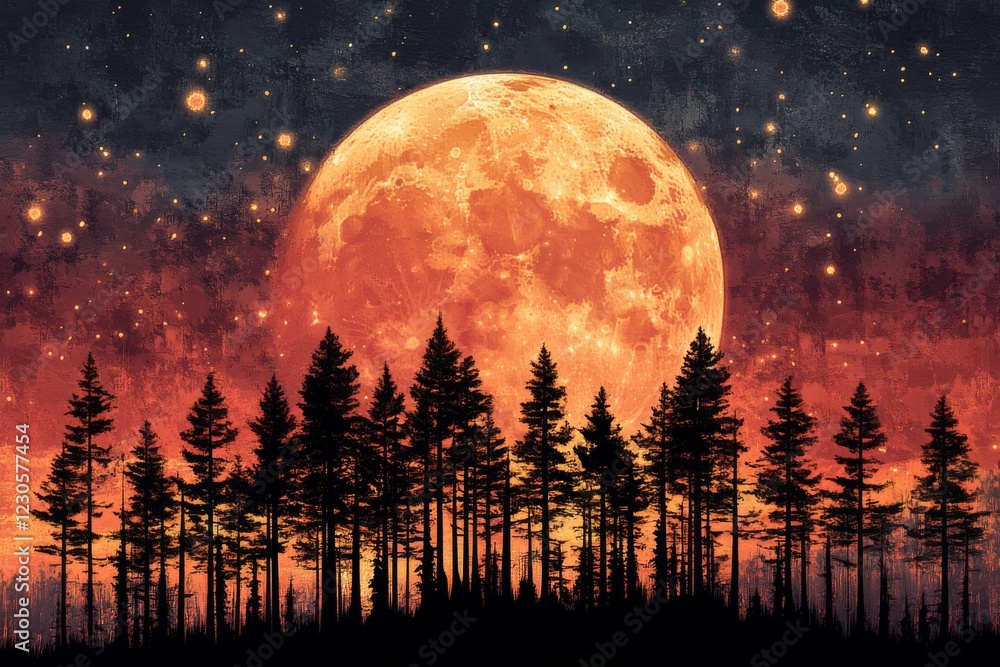 Naklejka premium Supermoon Over Forest Silhouette