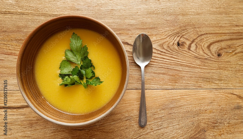 Creamy yellow soup in a rustic bowl, garnished with fresh herbs. Simple and delicious! Creamy yellow soup in a rustic bowl, garnished with fresh herbs. Simple and delicious!