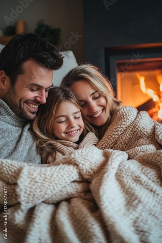Family of three hugging and enjoying cozy time together near a fireplace, wrapped in blankets during the winter season.