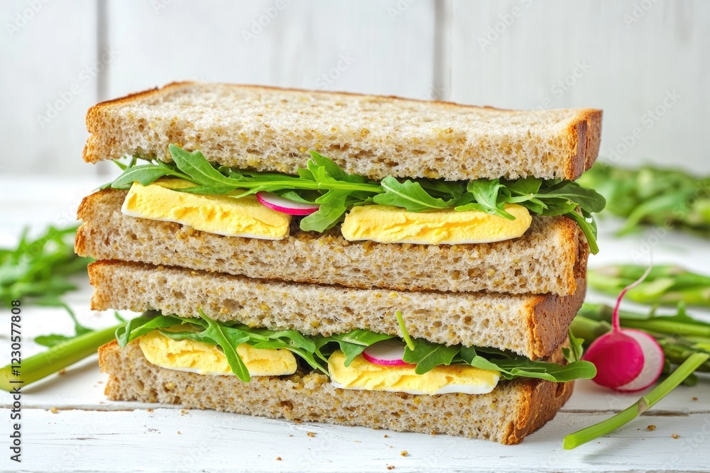 Whole wheat sandwich filled with egg, lettuce, and radishes. A healthy and visually appealing meal option. Whole wheat sandwich filled with egg, lettuce, and radishes. A healthy and visually appealing meal option.