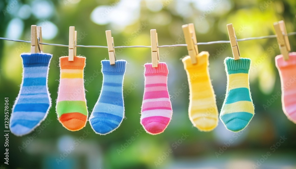 Vivid Close-Up Of Laundry Pins And Drying Socks Of A Large Family On Clothesline Outdoors With Ample Copy Space Available Vivid Close-Up Of Laundry Pins And Drying Socks Of A Large Family On Clothesline Outdoors With Ample Copy Space Available
