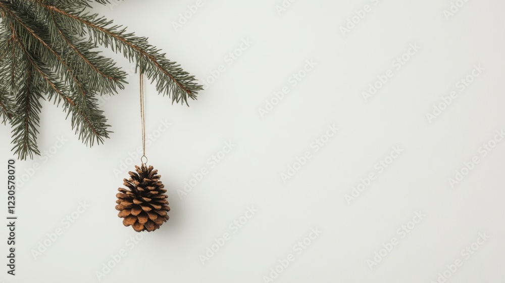 Fototapeta premium Pine cone ornament hanging from fir branch on white background.